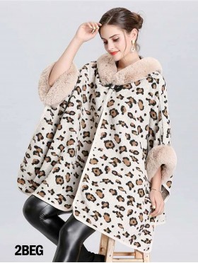 Soft Leopard Print Cape W/ Fur Detailing